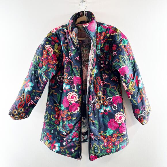 Johnny Was Reversible Puffer Coat Jacket Black Pink Printed XS - Picture 4 of 6